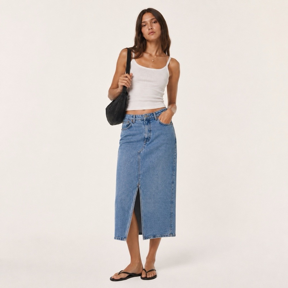 Mango Blue Denim Midi Skirt with Front Slit